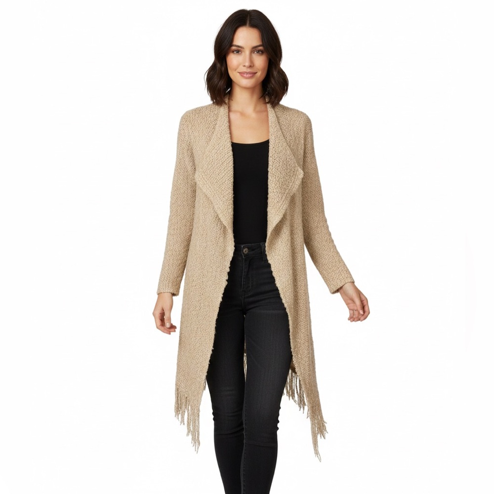 Altar'd State Women's Beige Slub Textured Fringe Cardigan